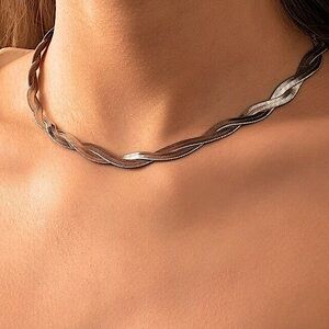 Twisted Braided Sterling Silver Herringbone Flat Snake Choker Necklace